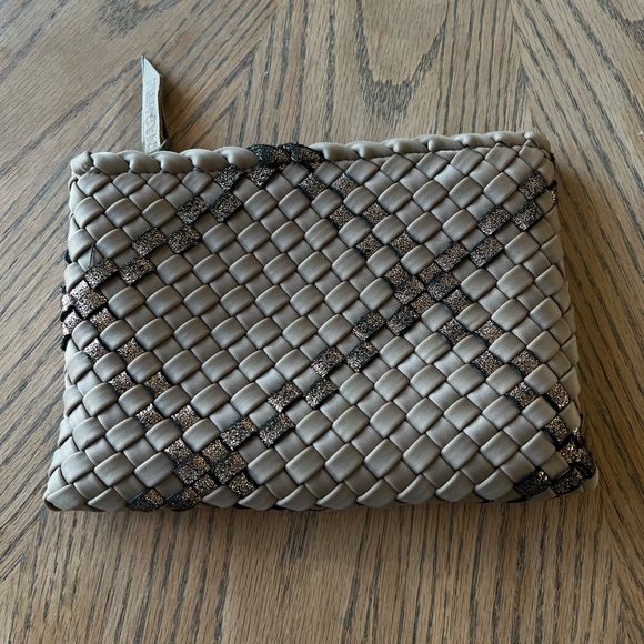 Naghedi Handbags - Naghedi Brown Metallic Woven Leather Pouch 8x5.5”